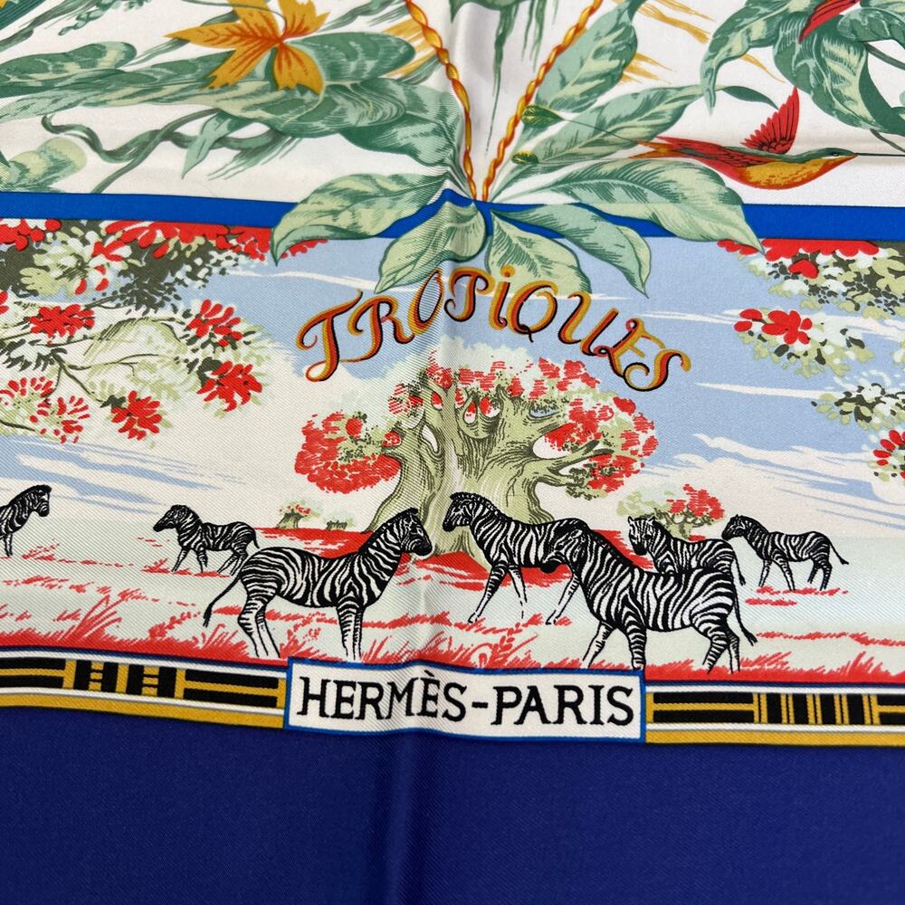 Hermes Paris Tropiques 90 Silk Carre Scarf Blue Tropical Bird 35 Square France - Picture 3 of 16